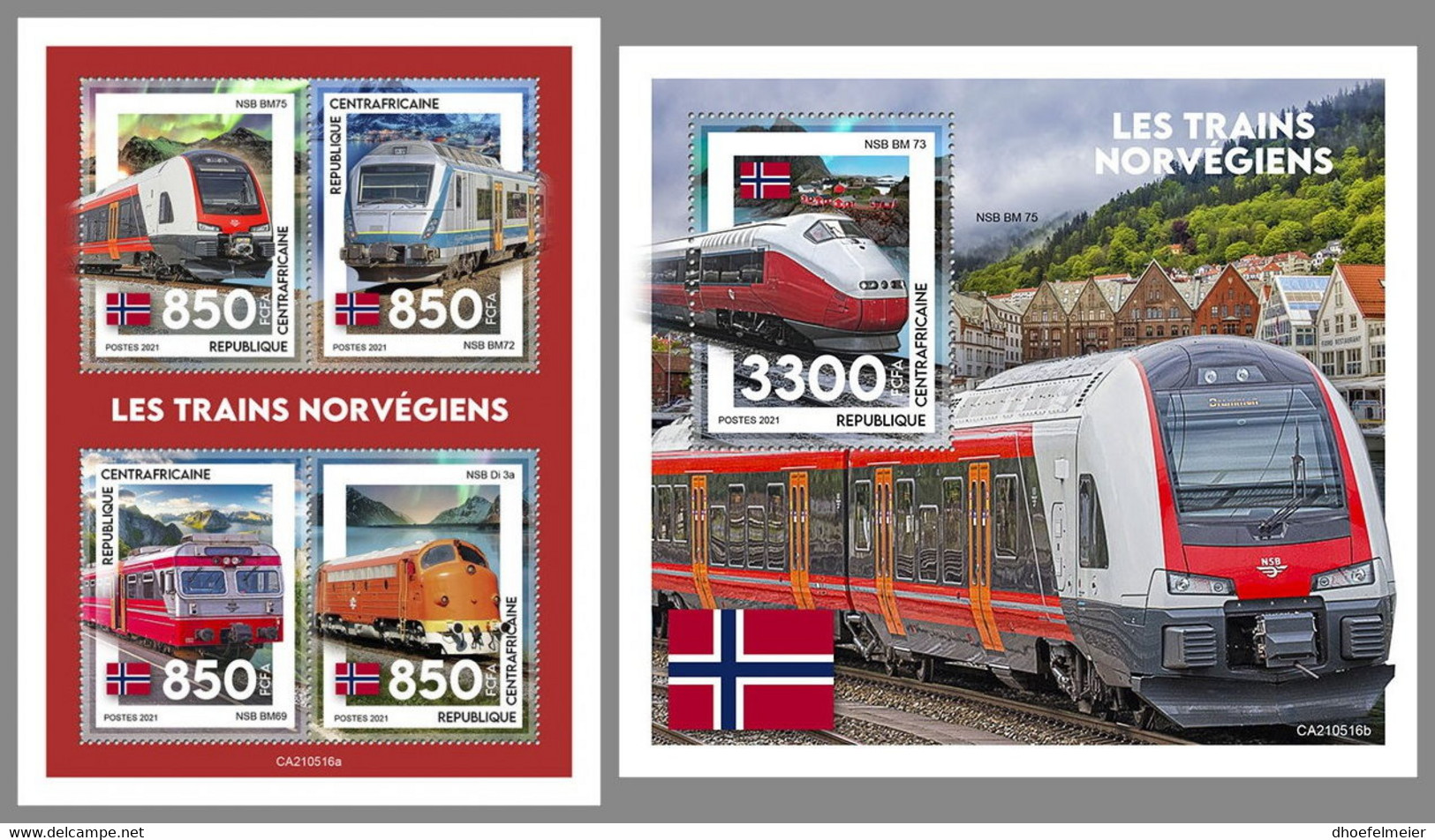 CENTRALAFRICA 2021 MNH Norwegian Trains Norwegische Eisenbahnen Trains Norvegiens M/S+S/S - OFFICIAL ISSUE - DHQ2147 - Treni