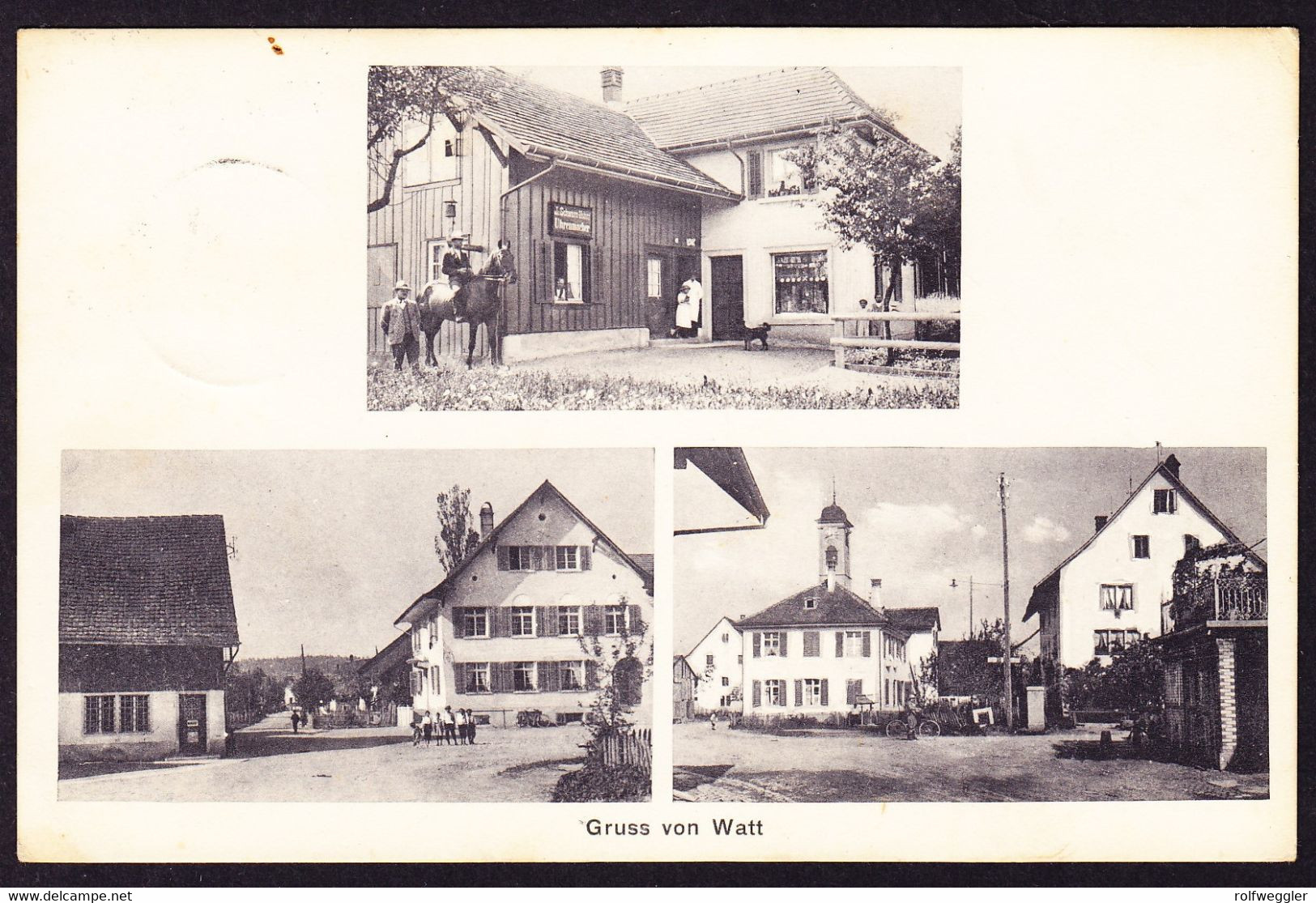 1920 Gelaufene AK "Gruss Aus Watt" 3 Bildrig, Pferd Vor Uhrmacher Geschäft. Stempel Watt B. Regensdorf. Ränder Minim - Regensdorf