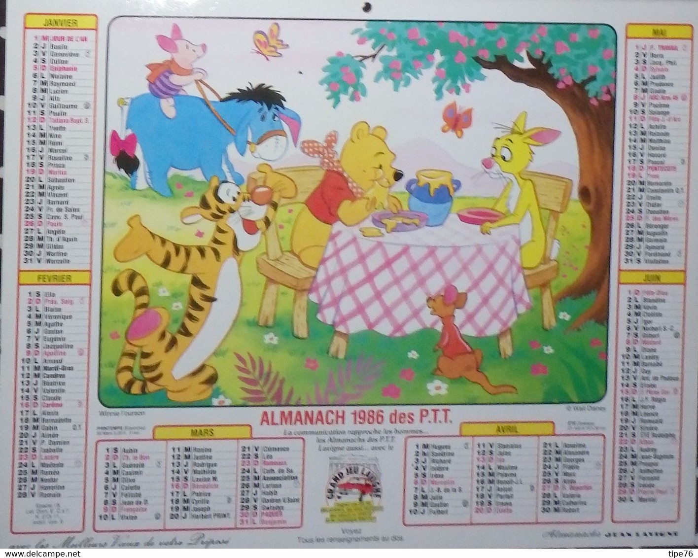 Calendrier Almanach Lavigne Facteur 1986 Disney  Le Chaudron Noir  Winnie L'ourson Calvados - Grand Format : 1981-90