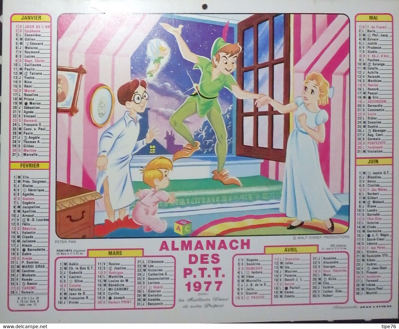 Calendrier Almanach Lavigne Facteur 1977 Disney  La Belle Et Le Clochard Chien  Peter Pan  Calvados - Grand Format : 1971-80