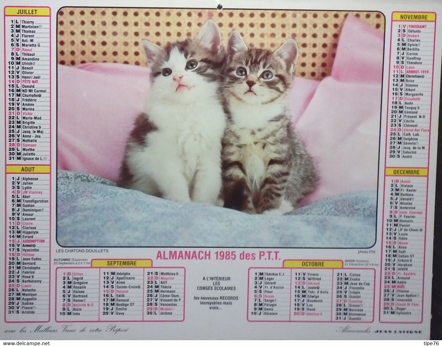 Calendrier Almanach Lavigne  Facteur 1985 Chat Chaton Chien Chiot Calvados - Grand Format : 1981-90