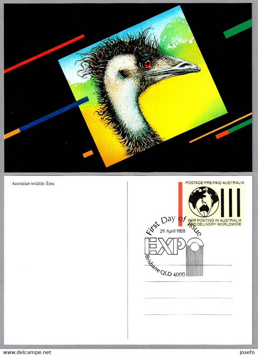 AUSTRALIAN WILDLIFE: EMU - Expo'88. Brisbane QLD 1988 - Oblitérations & Flammes