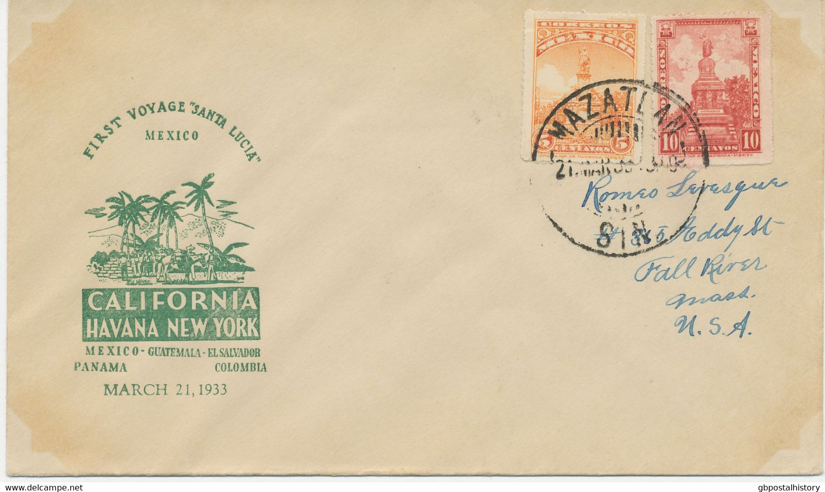 MEXICO 1933 VF Maiden Voyage Of The "Santa Lucia" From Mexico To USA With CDS "MAZATLAN / SIN", Rare Ship Mail - Mexique