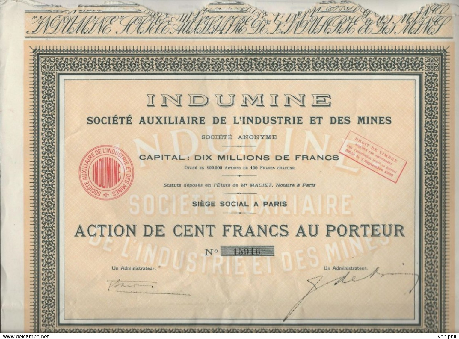 INDUMINE - SOCIETE AUXILIAIRE DE L'INDUSTRIE ET DES MINES -ACTION DE 100 FRS -ANNEE 1926 - Mines