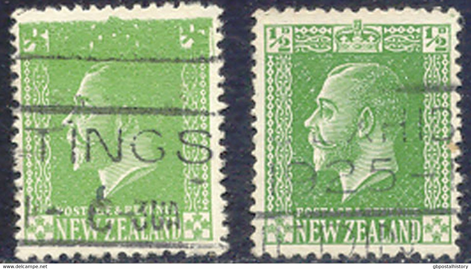 NEW ZEALAND 1925, King George V 1/2 D. Green VFU, MAJOR VARIETY: Indication Of Value And Crown Almost Disappeared Due To - Plaatfouten En Curiosa