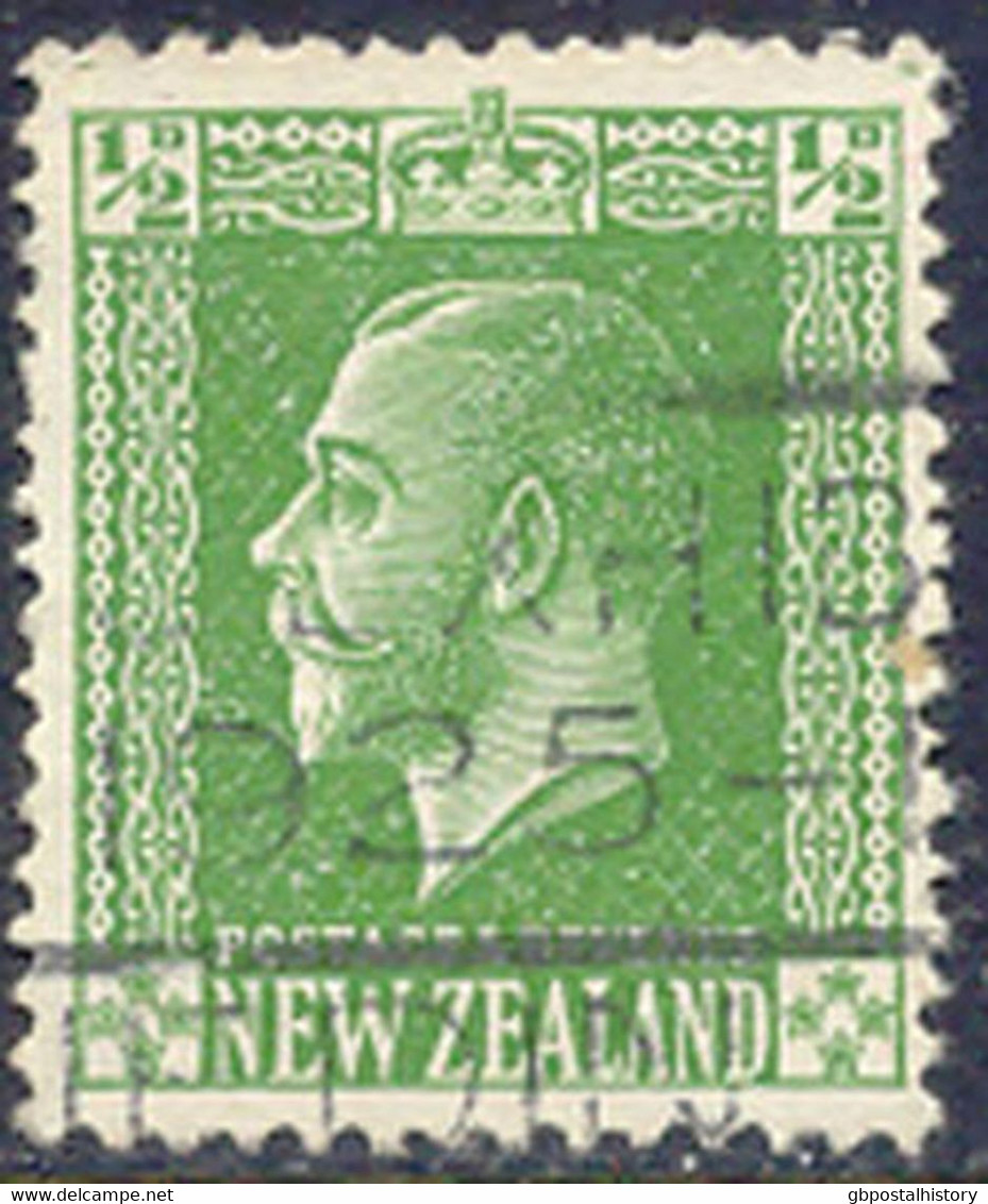 NEW ZEALAND 1925, King George V 1/2 D. Green VFU, MAJOR VARIETY: Indication Of Value And Crown Almost Disappeared Due To - Plaatfouten En Curiosa