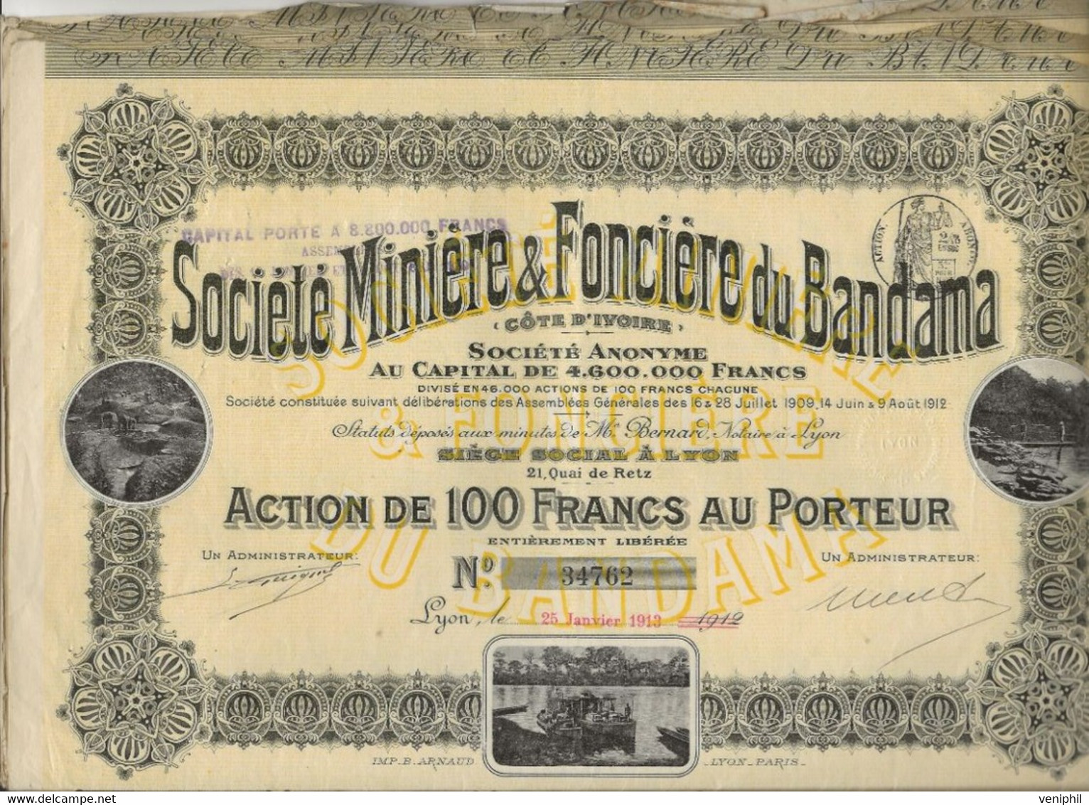 SOCIETE MINIERE ET FONCIERE DU BANDAMA - COTE D'IVOIRE -LOT DE 5 ACTIONS DE 100 FRS -ANNEE 1912 - Mijnen