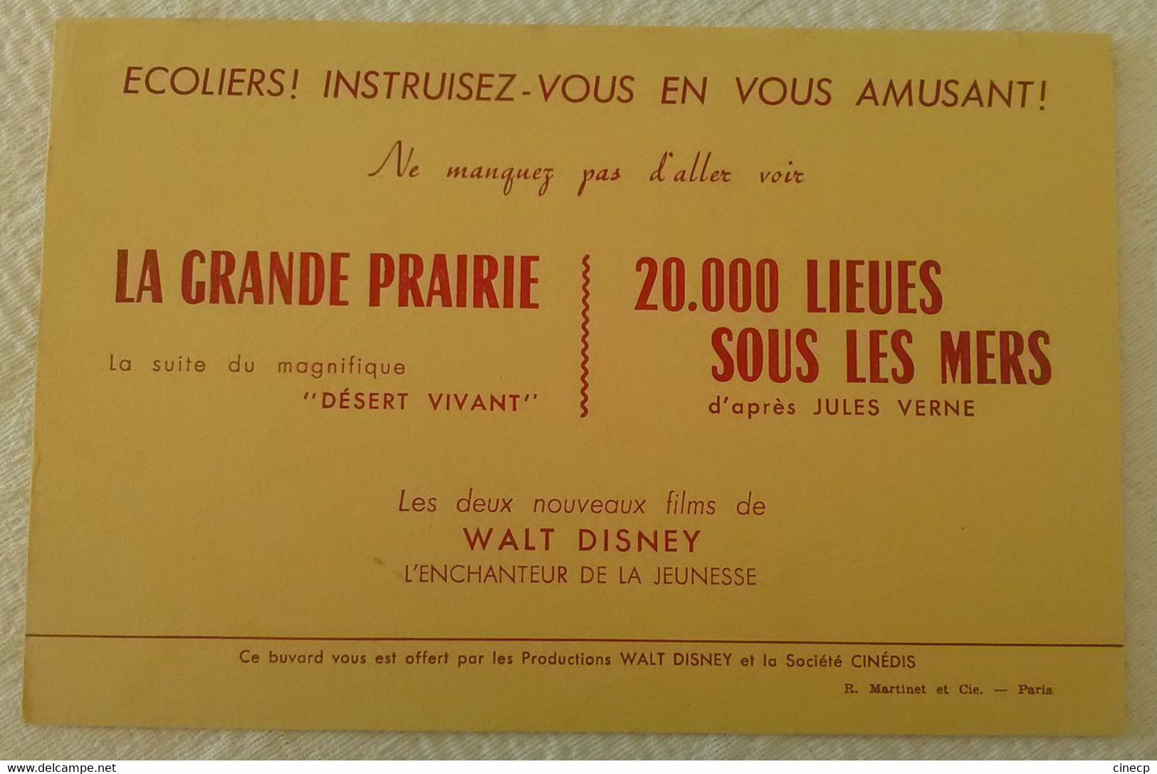 Buvard PUBLICITE CINEMA WALT DISNEY SORTIE DES FILMS LA GRANDE PRAIRIE ET 20000 LIEUES SOU SLES MERS JULES VERNE - Cinéma & Théatre