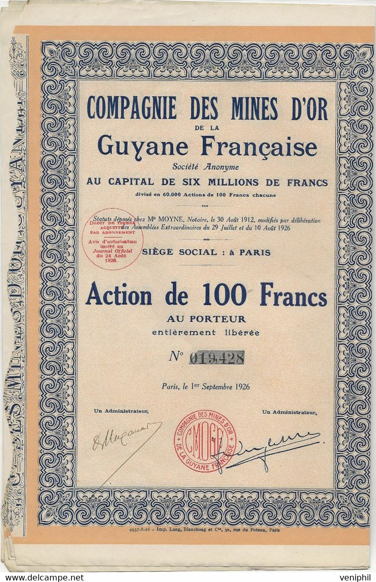 COMPAGNIE DES MINES D'OR DE LA GUYANE FRANCAISE - LOT DE 3 ACTIONS DE 100 FRS -ANNEE 1926 - Mijnen