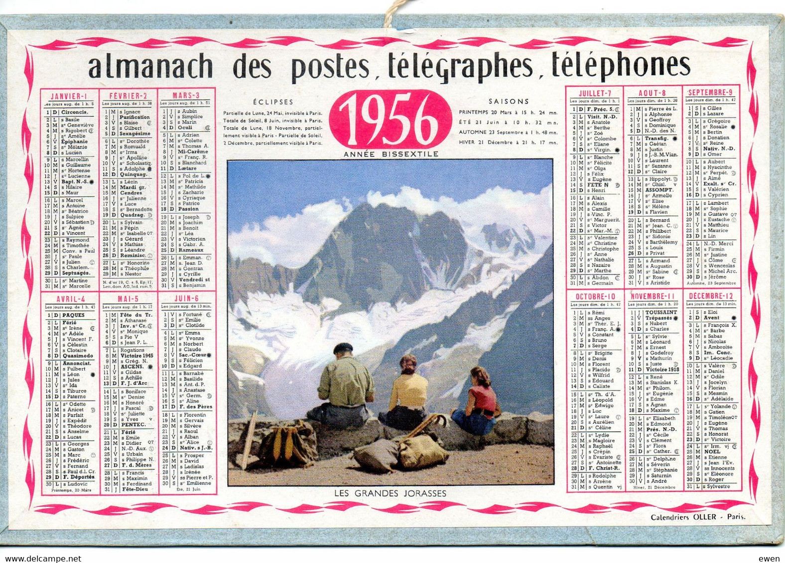 Joli Almanach PTT 1956. Les Grandes Jorasses. - Tamaño Pequeño : 1941-60