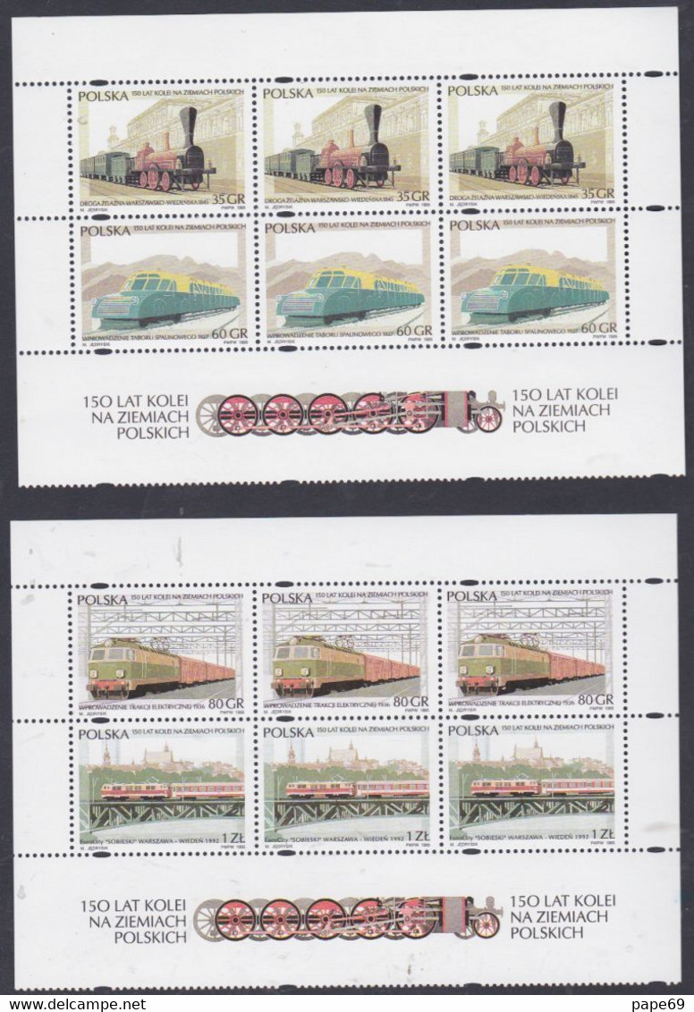 Pologne N° 3333 / 36 XX 150è Anniversaire Des Chemin De Fer Polonais Les 12 Valeurs En 2 Demi-feuilles  Sans Char., TB - Full Sheets