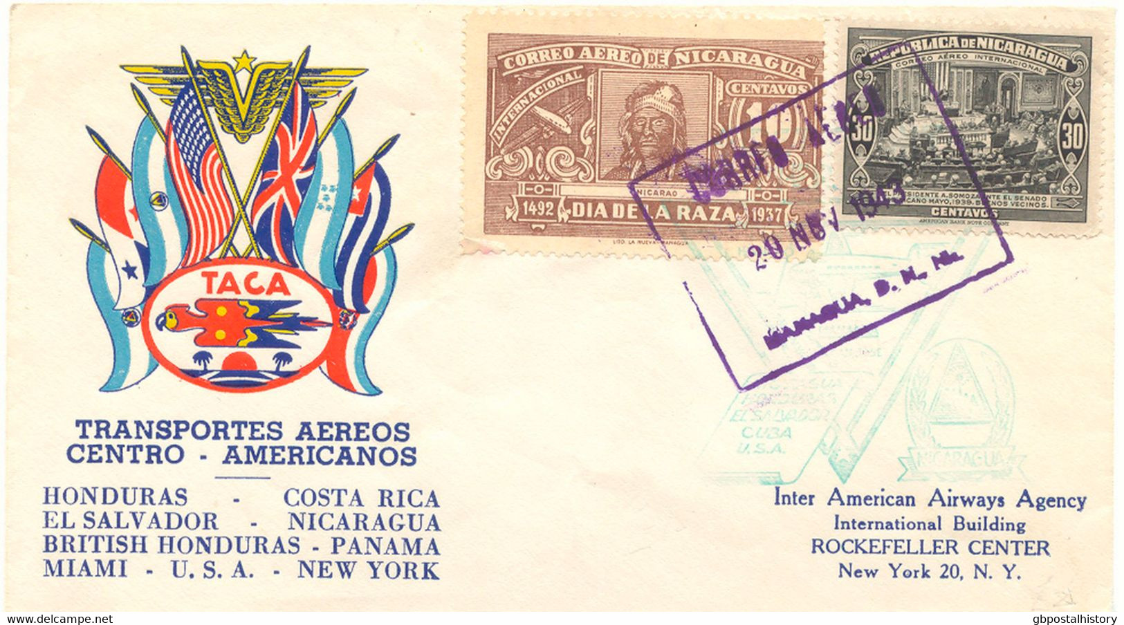 NICARAGUA 11/20/1943, Very Fine Maiden Flight Of Inter American Airways From "NICARAGUA To NEW YORK", Rare First Flight - Nicaragua