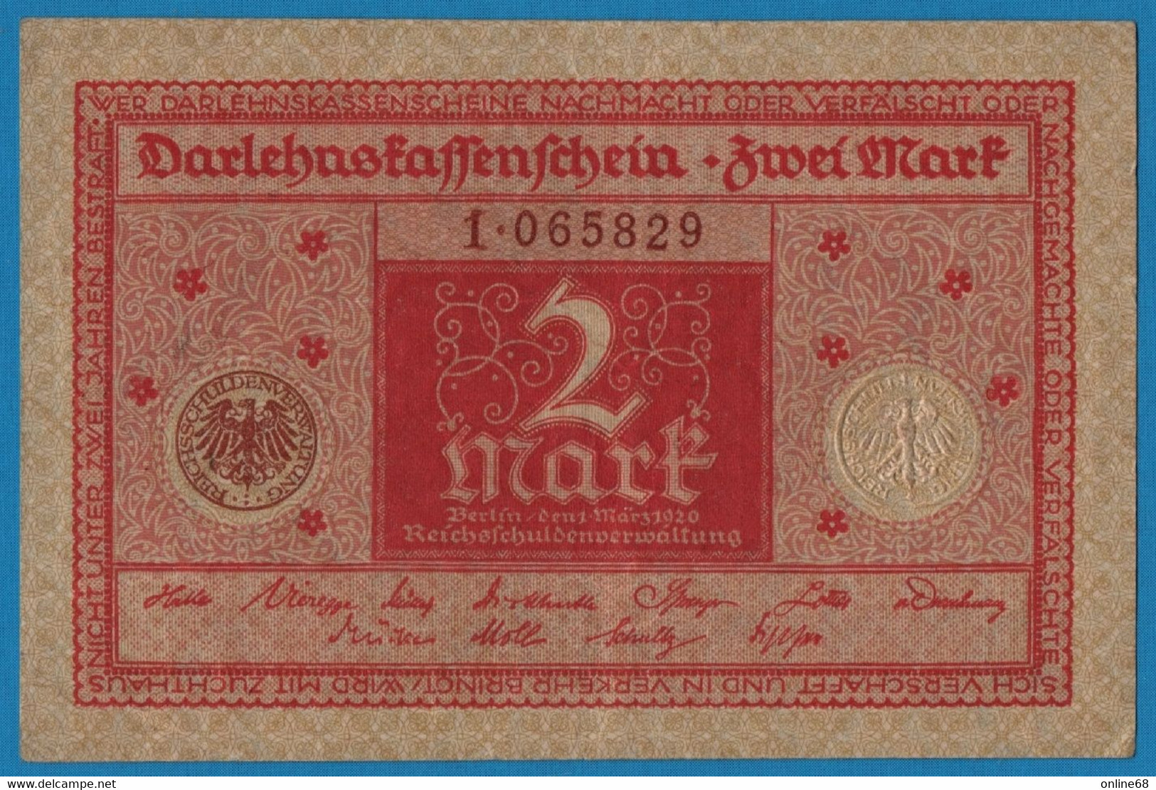 DEUTSCHES REICH 2 MARK 01.03.1920  # 1.065829 P# 59  DARLEHENSKASSENSCHEIN - Reichsschuldenverwaltung