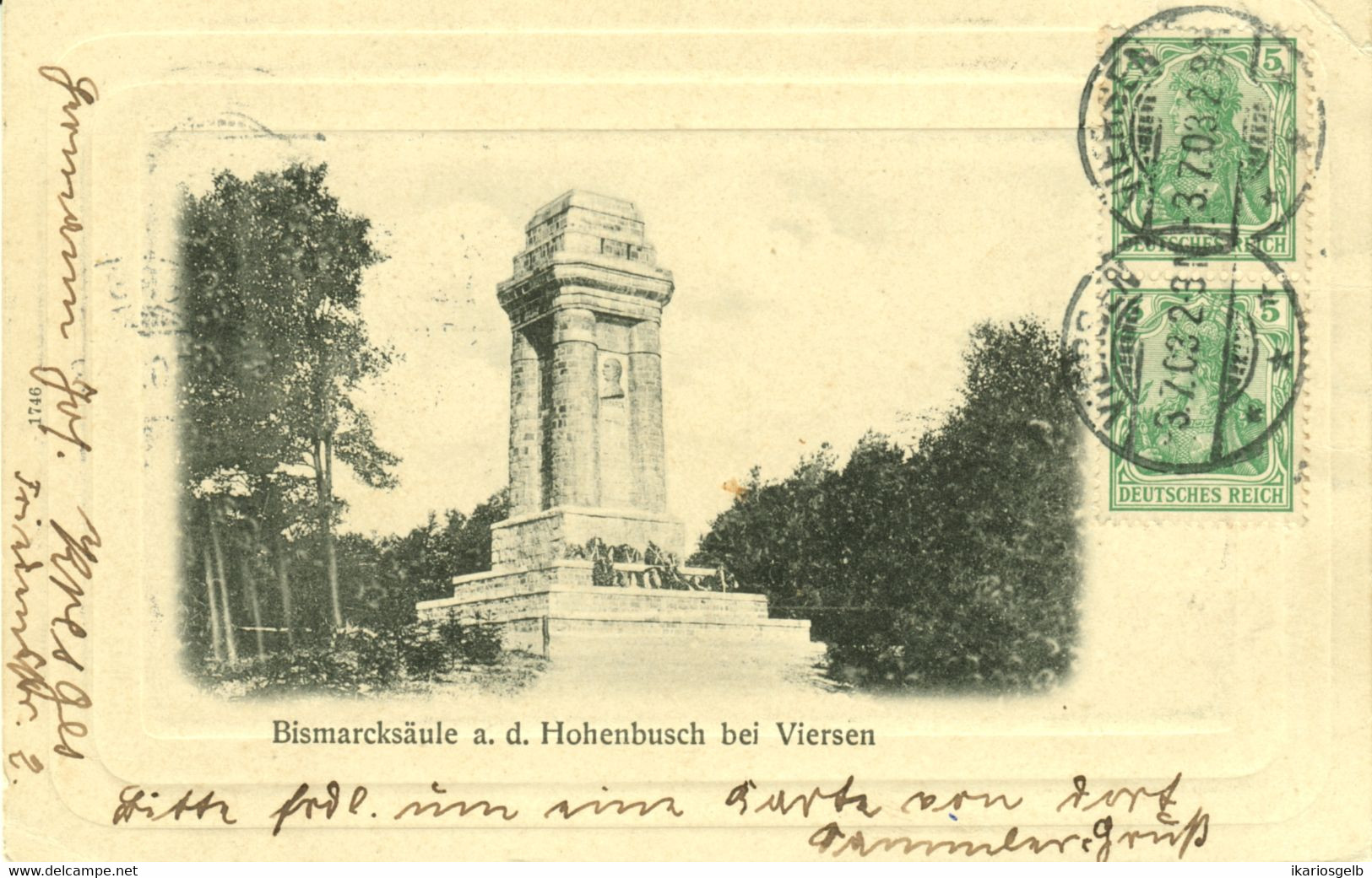 HOHENBUSCH Bei Viersen 1903 Prägekarte " Die Bismarcksäule " 2x Germania Frankierter Bedarf > Luxemburg - Viersen