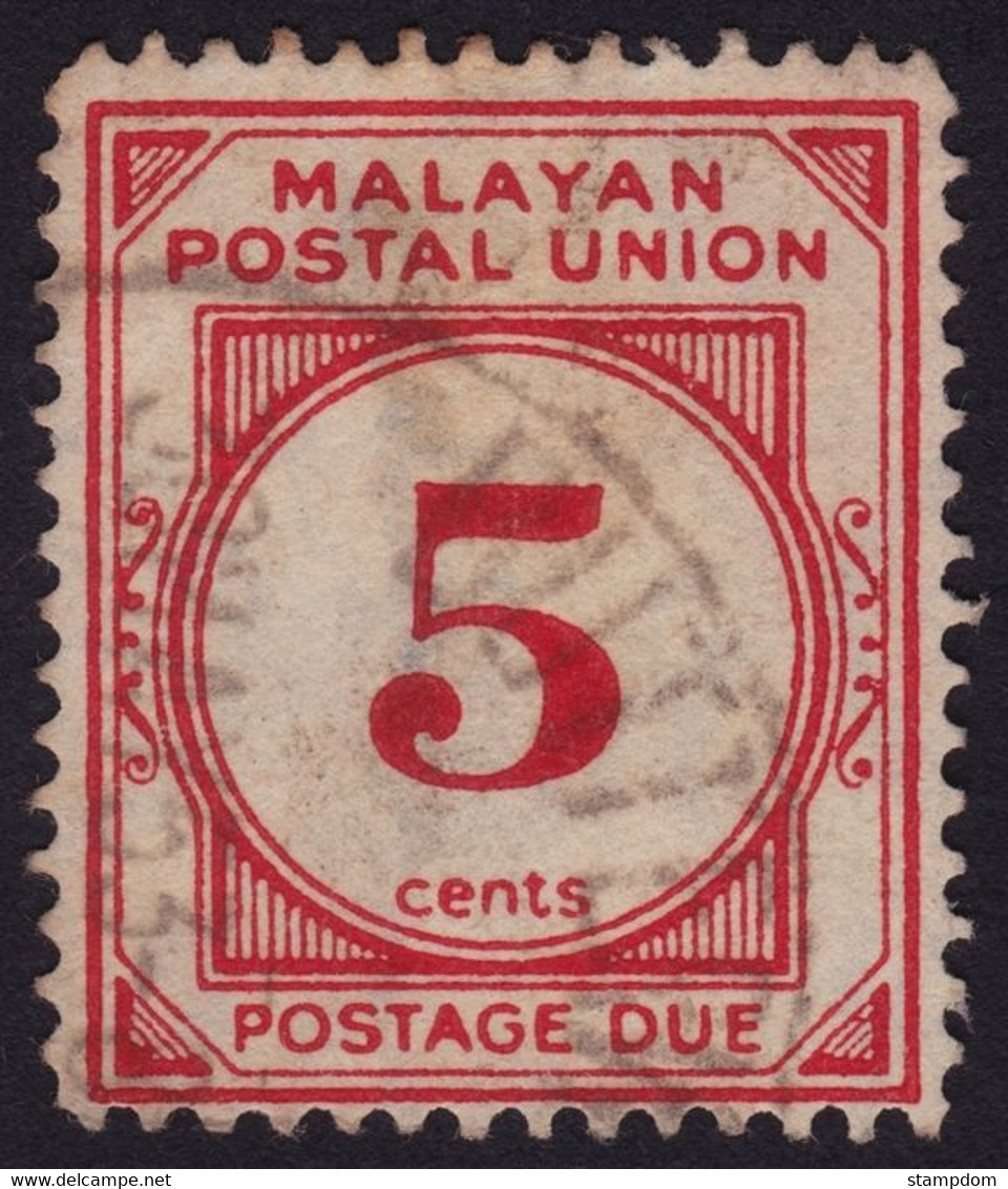 MALAYAN POSTAL UNION 1945 Postage Due 5c P14 Wmk.MSCA Sc#J15 - USED / BACK THIN @N005 - Malayan Postal Union