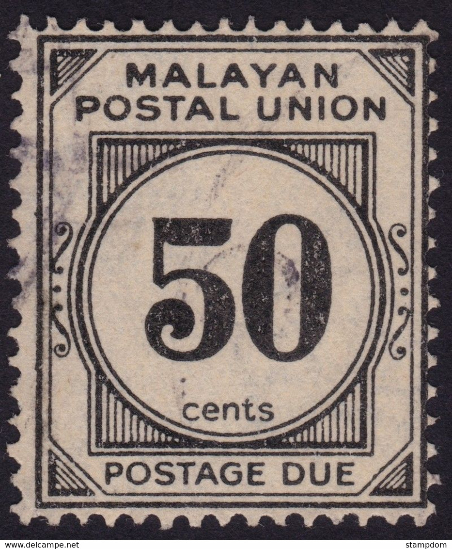 MALAYAN POSTAL UNION 1936 Postage Due 50c P15x14 Wmk.MSCA Sc#J12 - USED @N006 - Malayan Postal Union