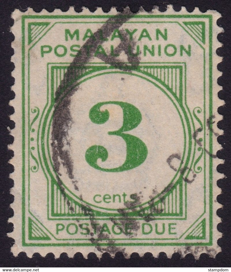 MALAYAN POSTAL UNION 1945 Postage Due 3c P15x14 Wmk.MSCA Sc#J14 - USED @N009 - Malayan Postal Union