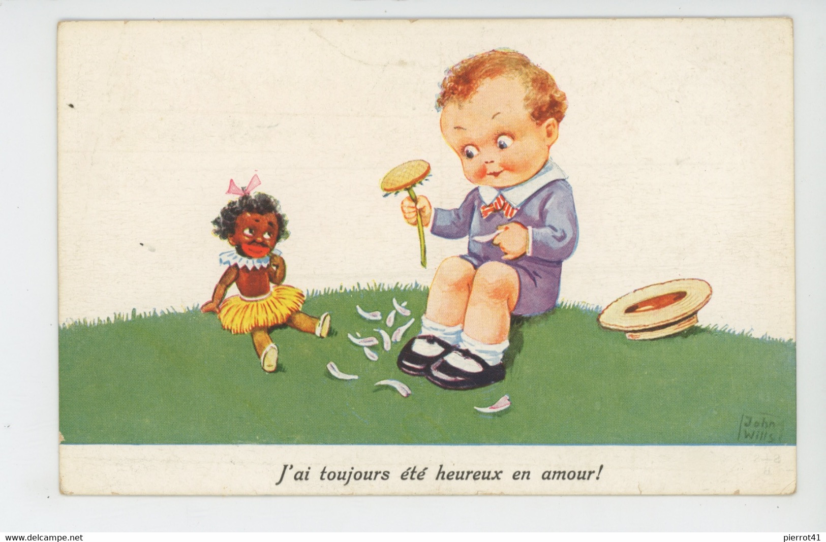 Illustrateur JOHN WILLS - Jolie Carte Fantaisie Petit Garçon Et Poupée Noire "J'ai Toujours été Heureux En Amour  ! " - Wills, John