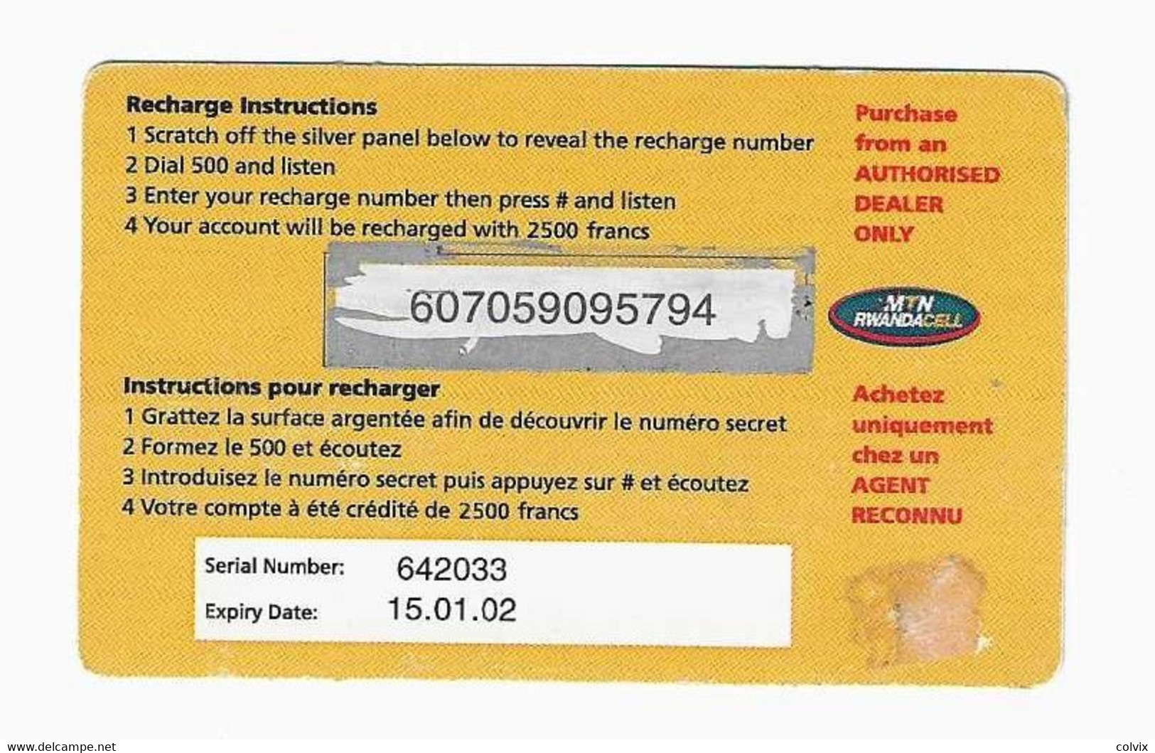 RWANDA Recharge AIRTIME MTN 2500 FRW Date 15/01/02 - Rwanda