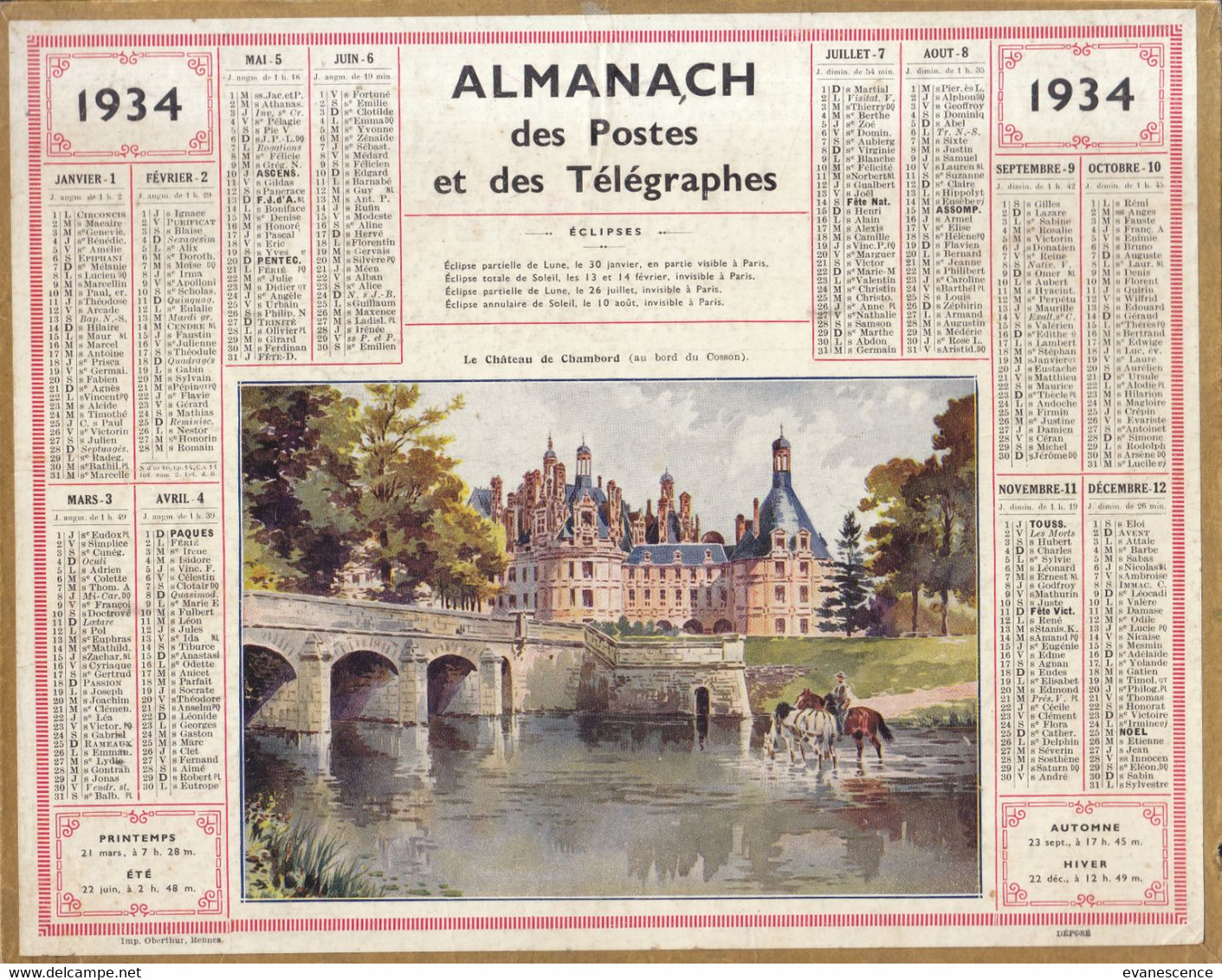 Calendrier Des Postes De 1934 ( Dernière Page Abimée)  ///   Ref. Nov. 21 - Grand Format : 1921-40