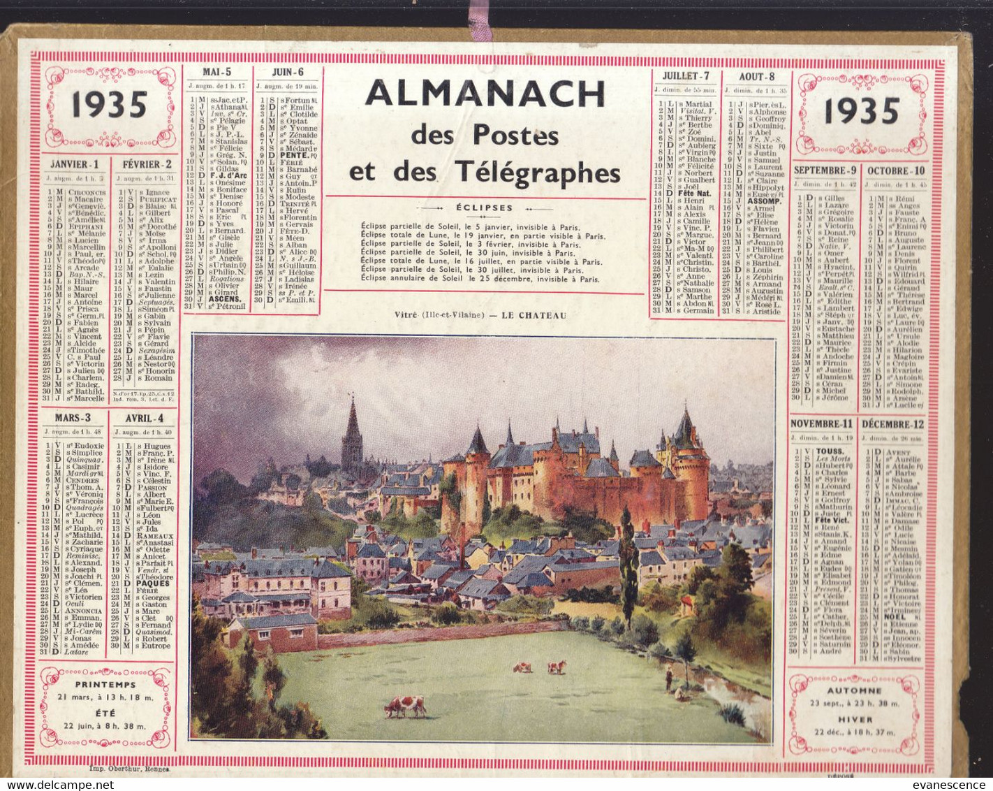 Calendrier Des Postes De 1935  ///   Ref. Nov. 21 - Grand Format : 1921-40