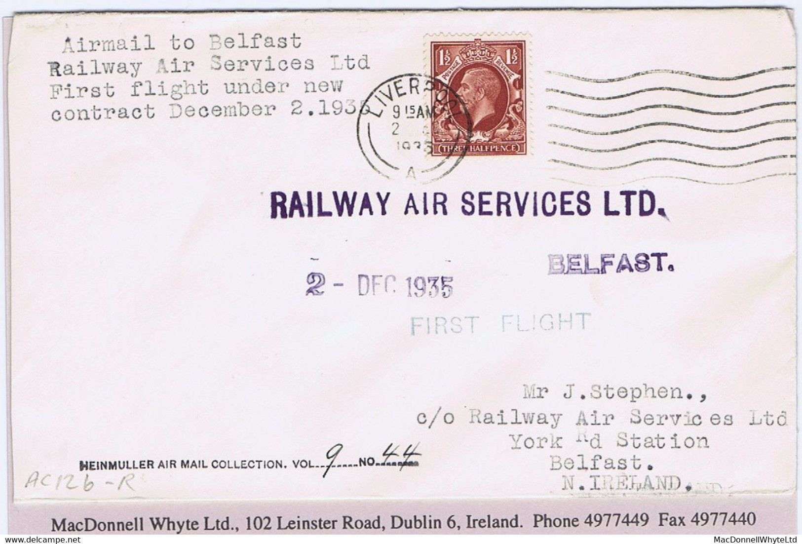 Ireland Airmail 1935 RAS First Flight Cover (new Contract) LIVERPOOL 2 DEC To Belfast, RAILWAY AIR SERVICES LTD - Poste Aérienne