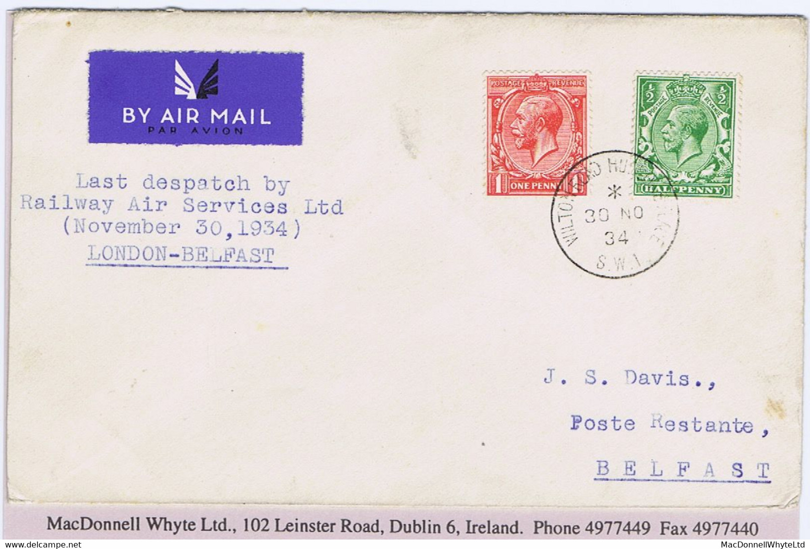 Ireland Airmail 1934 RAS Last Flight Cover London 30 NO 34 To Belfast, Davis Cover, Plane Damaged At Liverpool - Aéreo