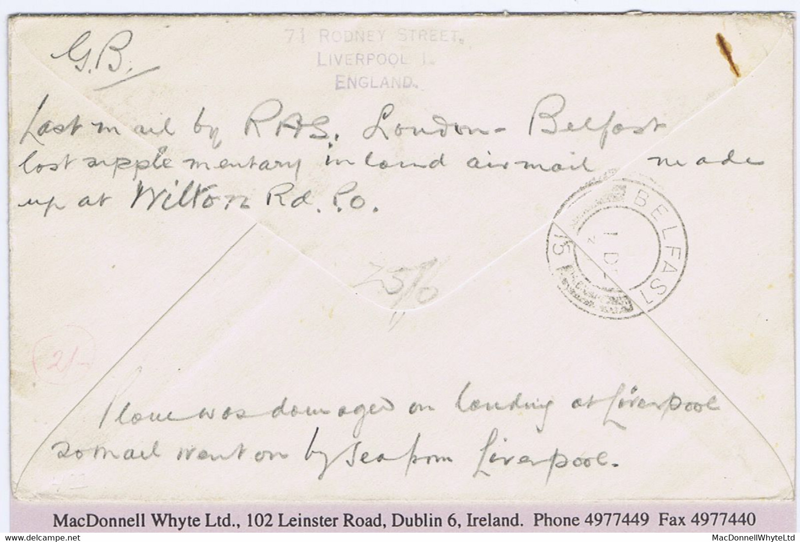 Ireland Airmail 1934 RAS Last Flight Cover London 30 NO 34 To Belfast, Davis Cover, Plane Damaged At Liverpool - Luftpost