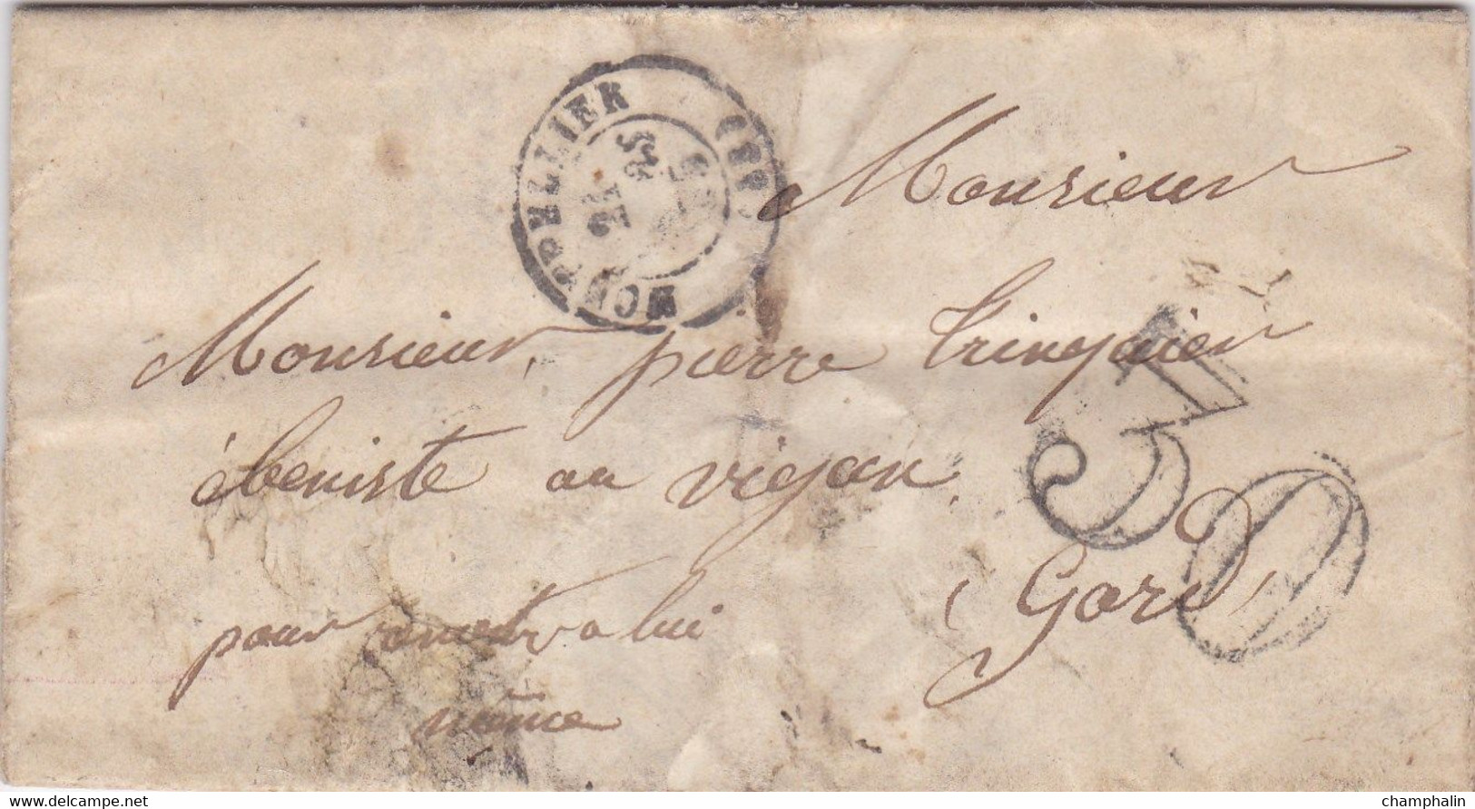 LAC De Montpellier (34) Pour Le Vigan (30) - 20 Mars 1855 - CAD Rond Type 15 - Taxe Double Trait 30 - 1801-1848: Precursores XIX