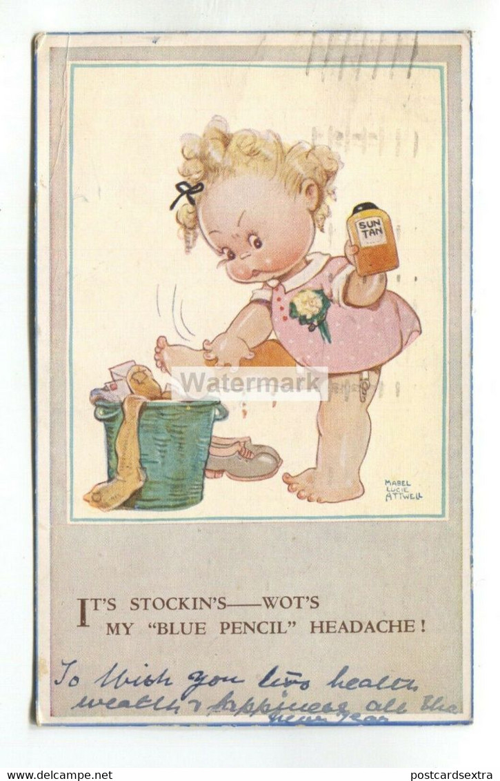 Mabel Lucie Attwell Postcard No. 401 - Girl, Stockings, Sun Tan Lotion - 1940's - Attwell, M. L.