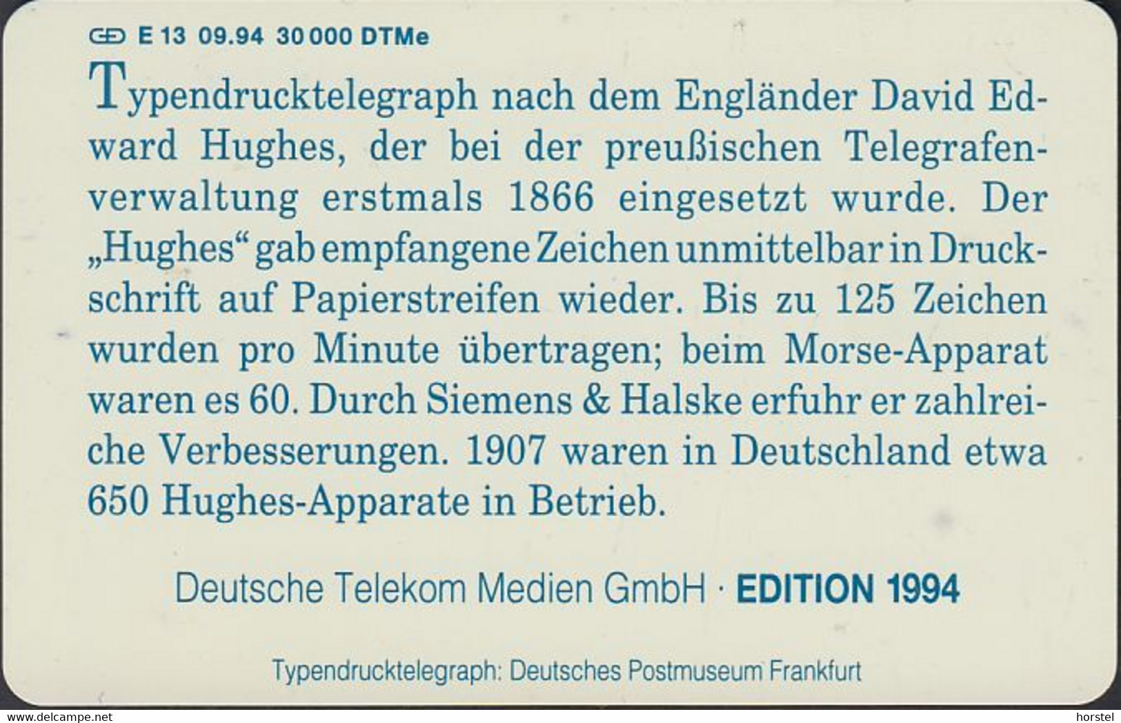 GERMANY E13/94 - Typendrucktelegraph - David Edward Hughes - E-Series: Editionsausgabe Der Dt. Postreklame