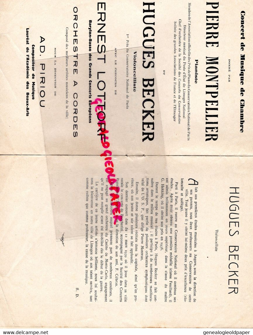 87-LIMOGES- RARE  PROGRAMME SALLE BERLIOZ-1ER MAI 1939- PIERRE MONTPELLIER PIANO-HUGUES BECKER-ERNEST LOTTORF-PIRIOU - Programma's