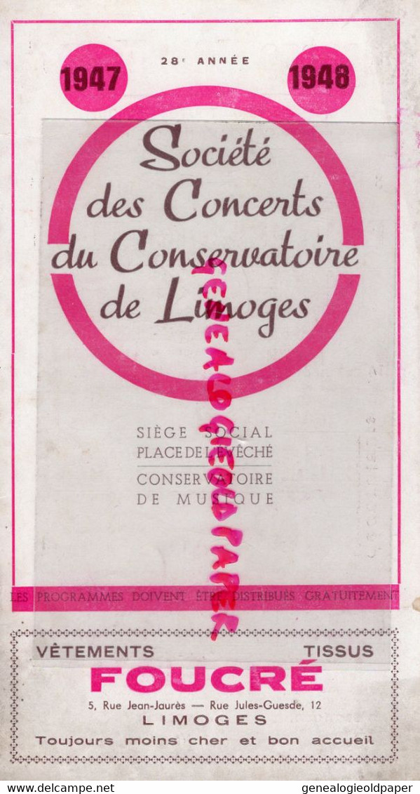 87- LIMOGES- CONSERVATOIRE MUSIQUE-1947-1948- BERONITA CANTATRICE MOZART-COUPERIN-PIERRE LEPETIT-COIFFE -PIGIER MAPATAUD - Programs