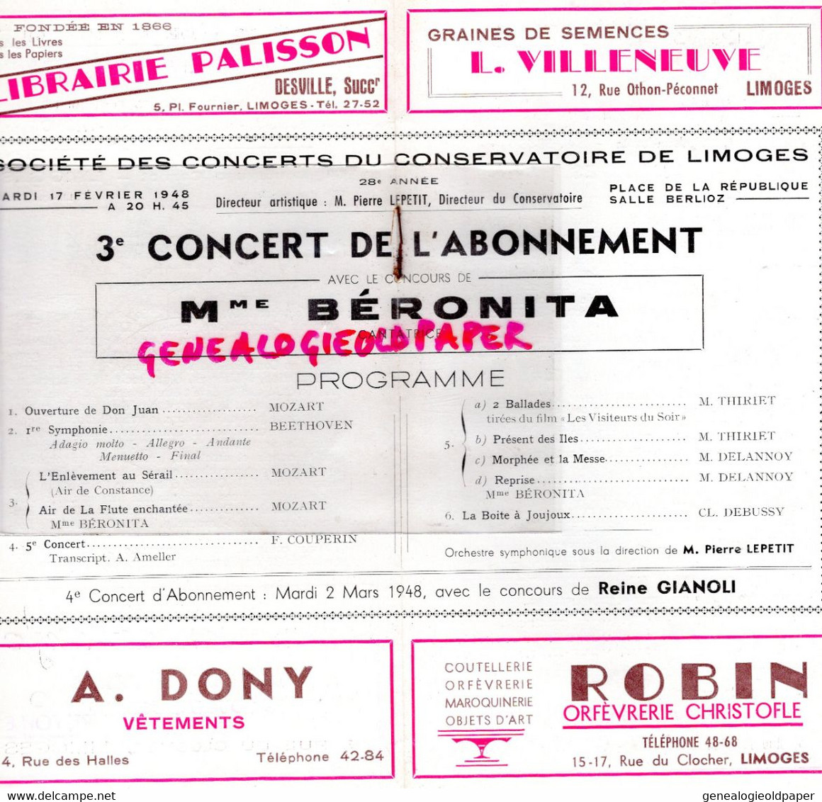 87- LIMOGES- CONSERVATOIRE MUSIQUE-1947-1948- BERONITA CANTATRICE MOZART-COUPERIN-PIERRE LEPETIT-COIFFE -PIGIER MAPATAUD - Programma's