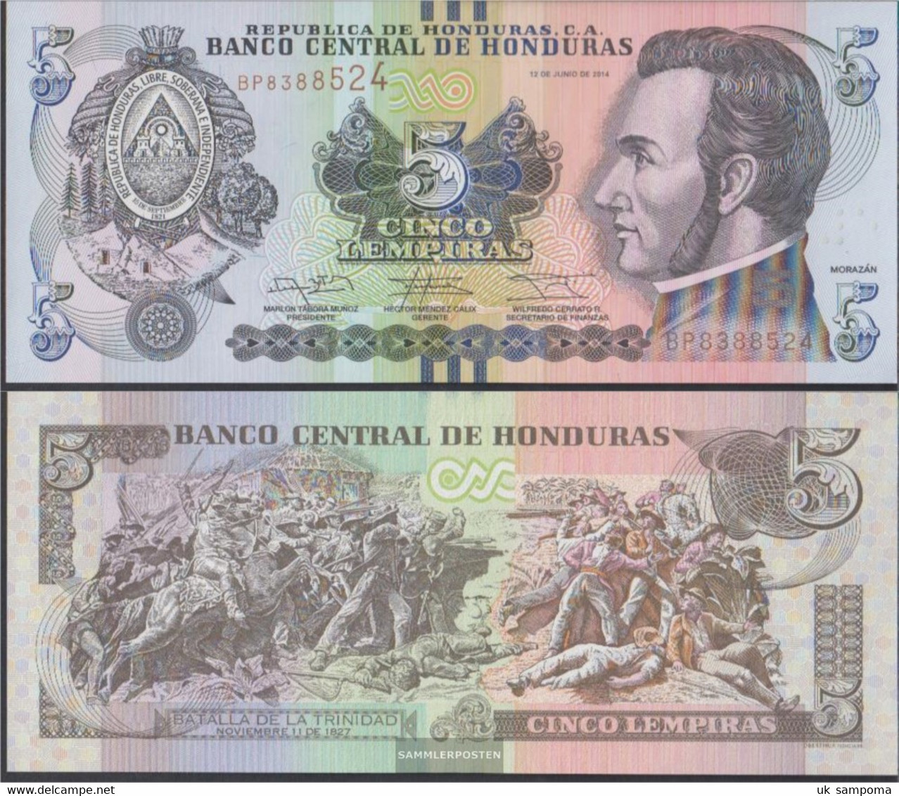 Honduras Pick-number: 98b Uncirculated 2014 5 Lempiras - Honduras