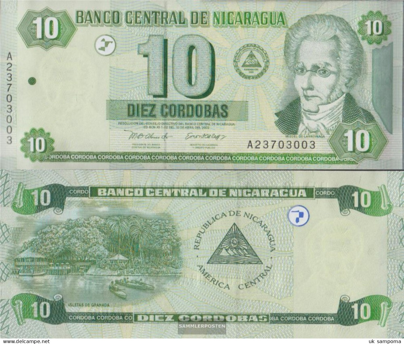 Nicaragua Pick-number: 191 Uncirculated 2002 10 Córdobas - Nicaragua