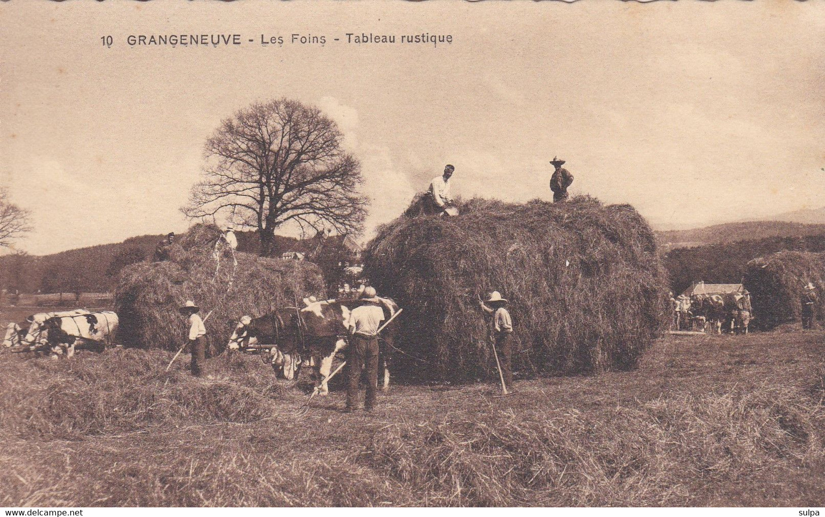 Posieux, Grangeneuve. Ecole D'agriculture. Les Foins - Tableau Rustique. Char Tiré Par Des Boeufs - Posieux