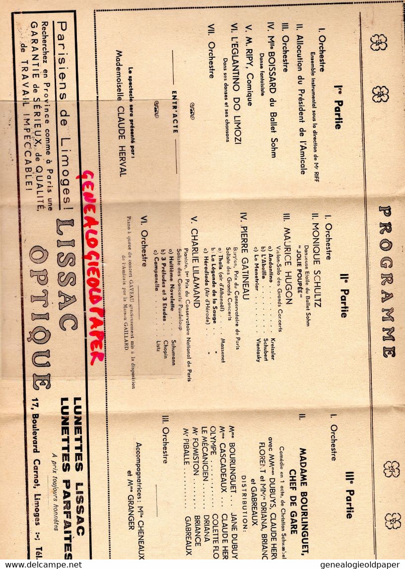 87- LIMOGES- SALLE BERLIOZ-PROGRAMME GALA AMICALE PARISIENS-1940-PARIS-PIERRE ADAM DAVESNES-GATINEAU-LISSAC-MORHANGE - Programs