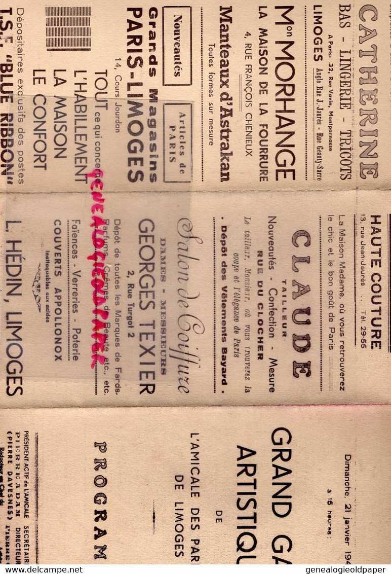 87- LIMOGES- SALLE BERLIOZ-PROGRAMME GALA AMICALE PARISIENS-1940-PARIS-PIERRE ADAM DAVESNES-GATINEAU-LISSAC-MORHANGE - Programs