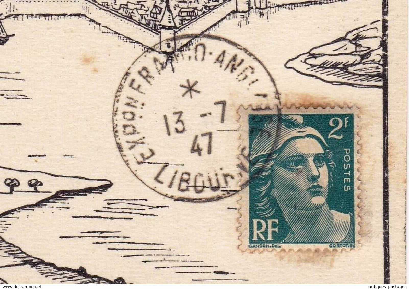 Carte Postale Libourne 1947 Gironde Marianne De Gandon 2 Francs Exposition Anglo Française A.C.T.O. - 1945-54 Marianne De Gandon