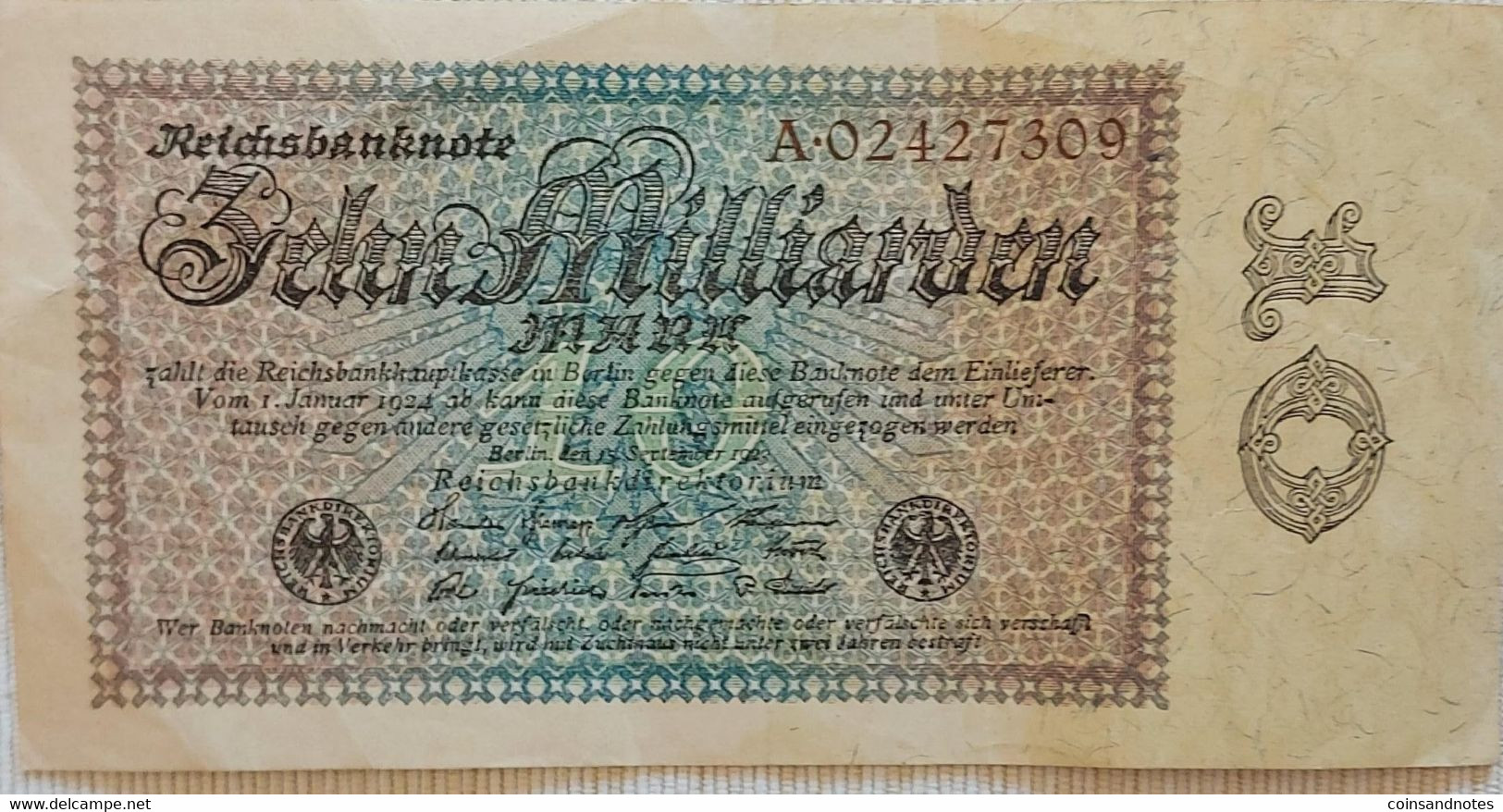 Germany 1923 - 10 Milliarden Mark ‘Reichsbanknote’ - No A.02427309 - P# 116a - VVF - 10 Milliarden Mark