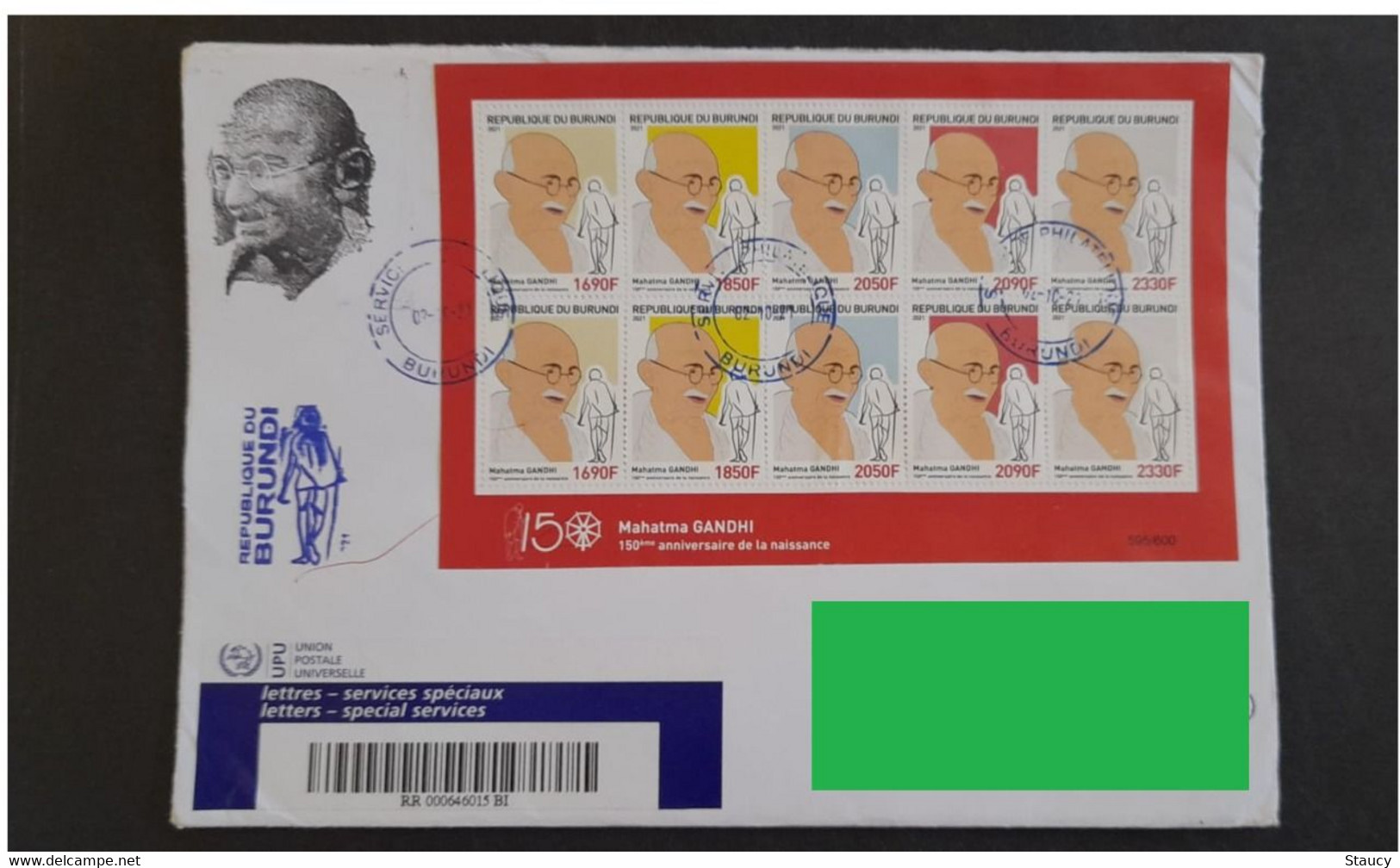 BURUNDI 2nt.Oct'2021 RED Sheetlet On 150th Birth Of Mahatma Gandhi Franked REGISTERED Cover Travelled To India - Used Stamps