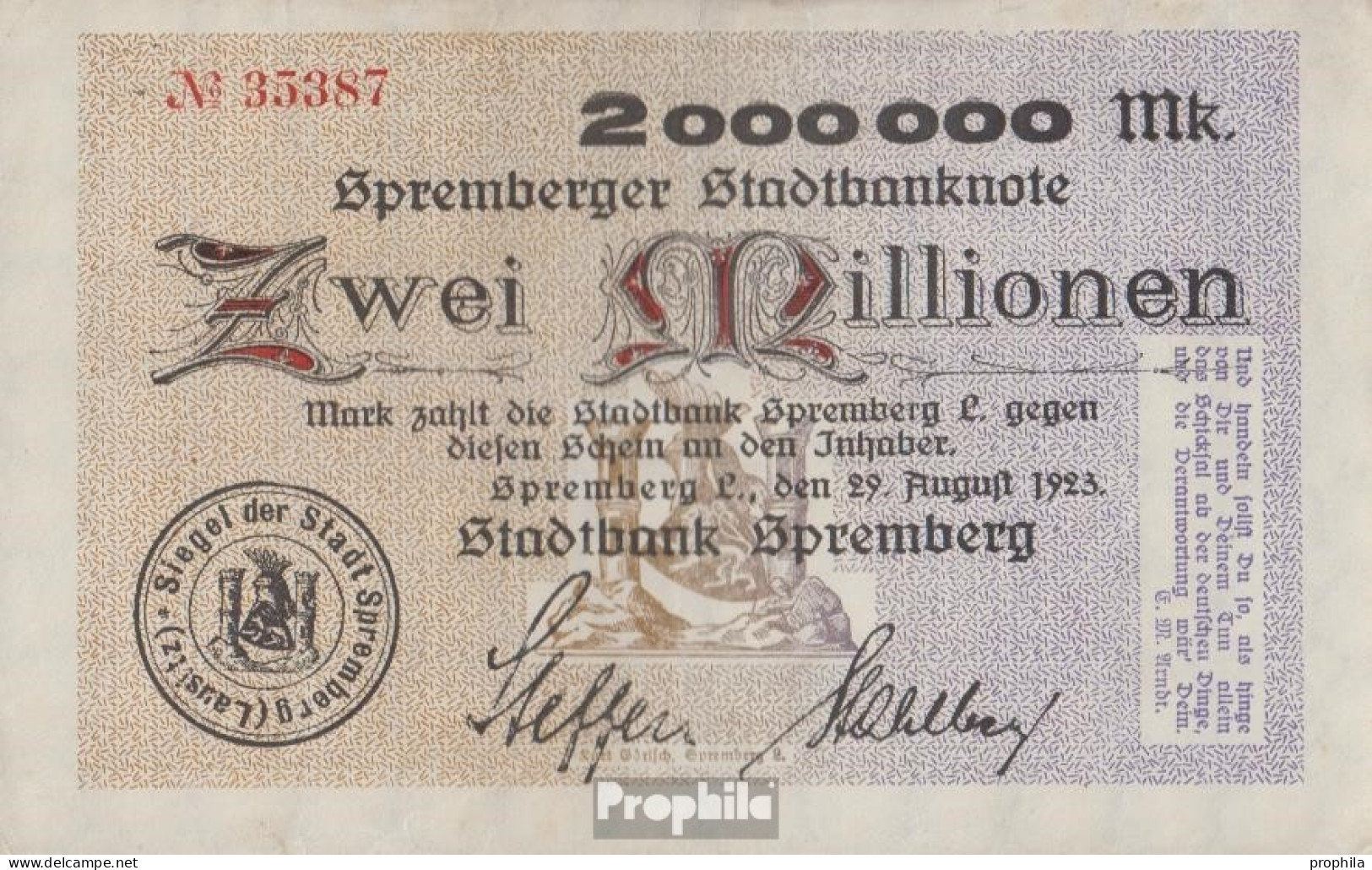 Spremberg (Niederlausitz) Inflationsgeld Stadt Spremberg Gebraucht (III) 1923 2 Millionen Mark - 2 Millionen Mark