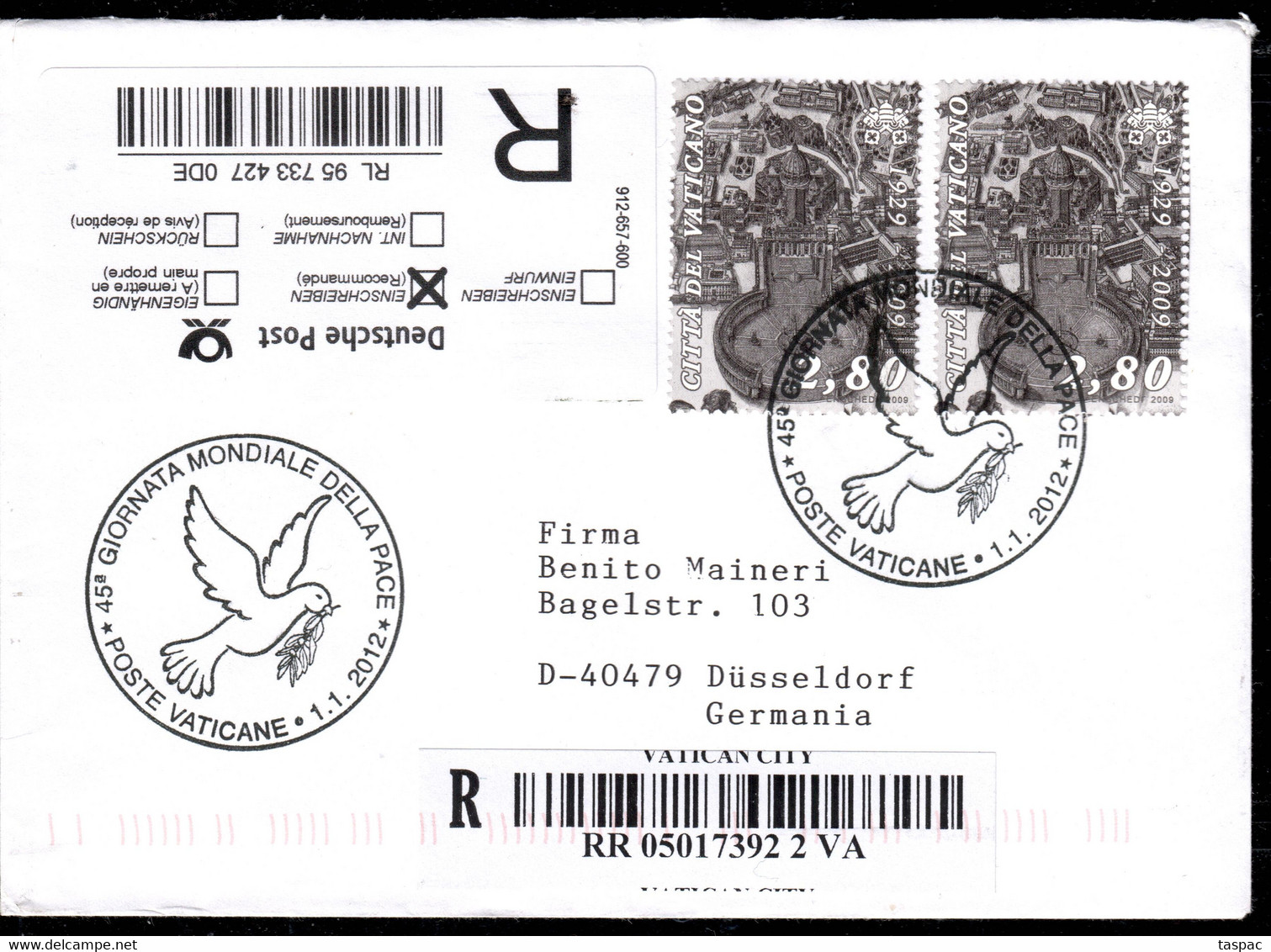 Vatican Registered Mail 2012 SC With Mi# 1636 X2 - Peace Dove - Cartas & Documentos