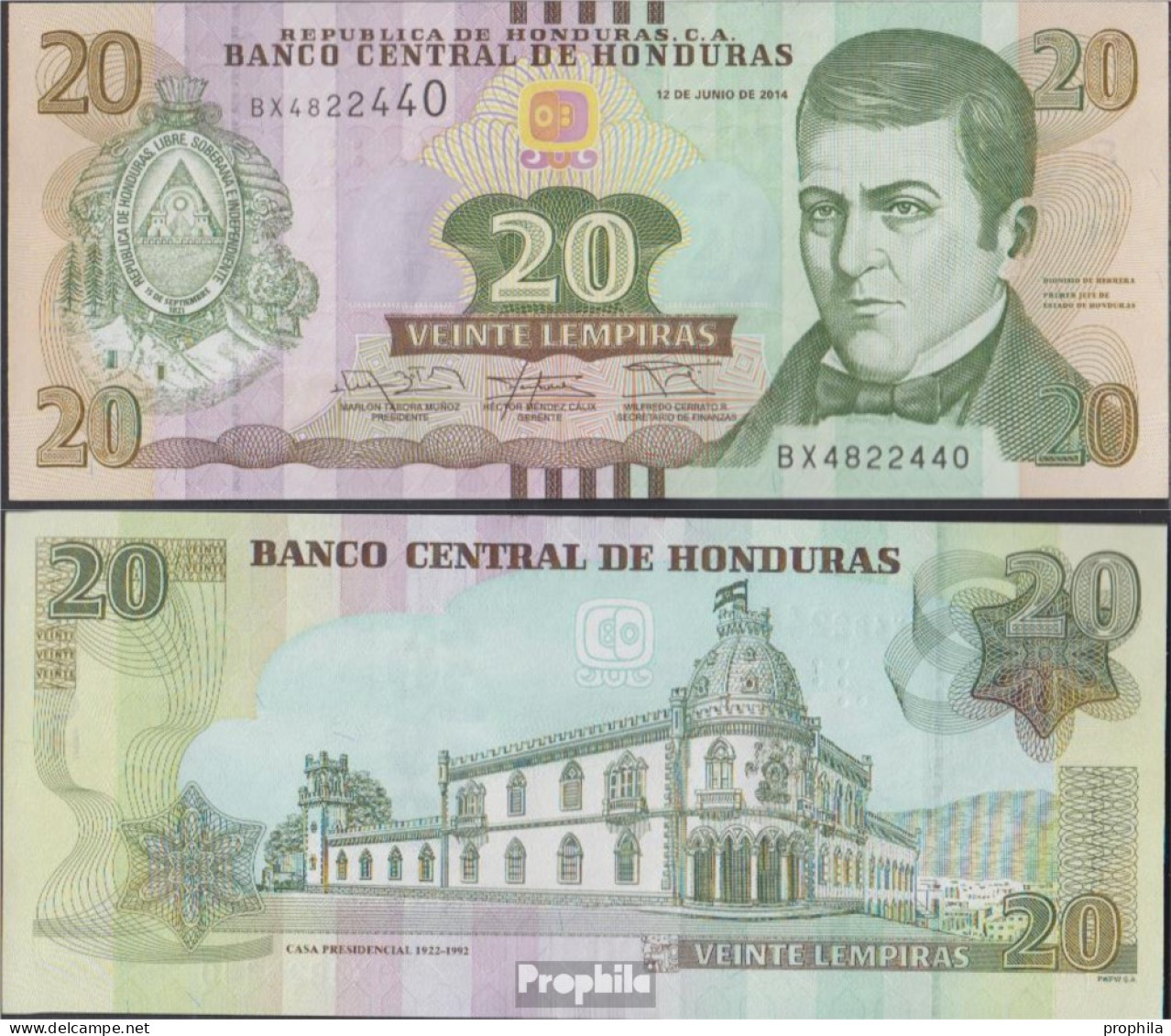 Honduras Pick-Nr: 100b Bankfrisch 2014 20 Lempiras - Honduras