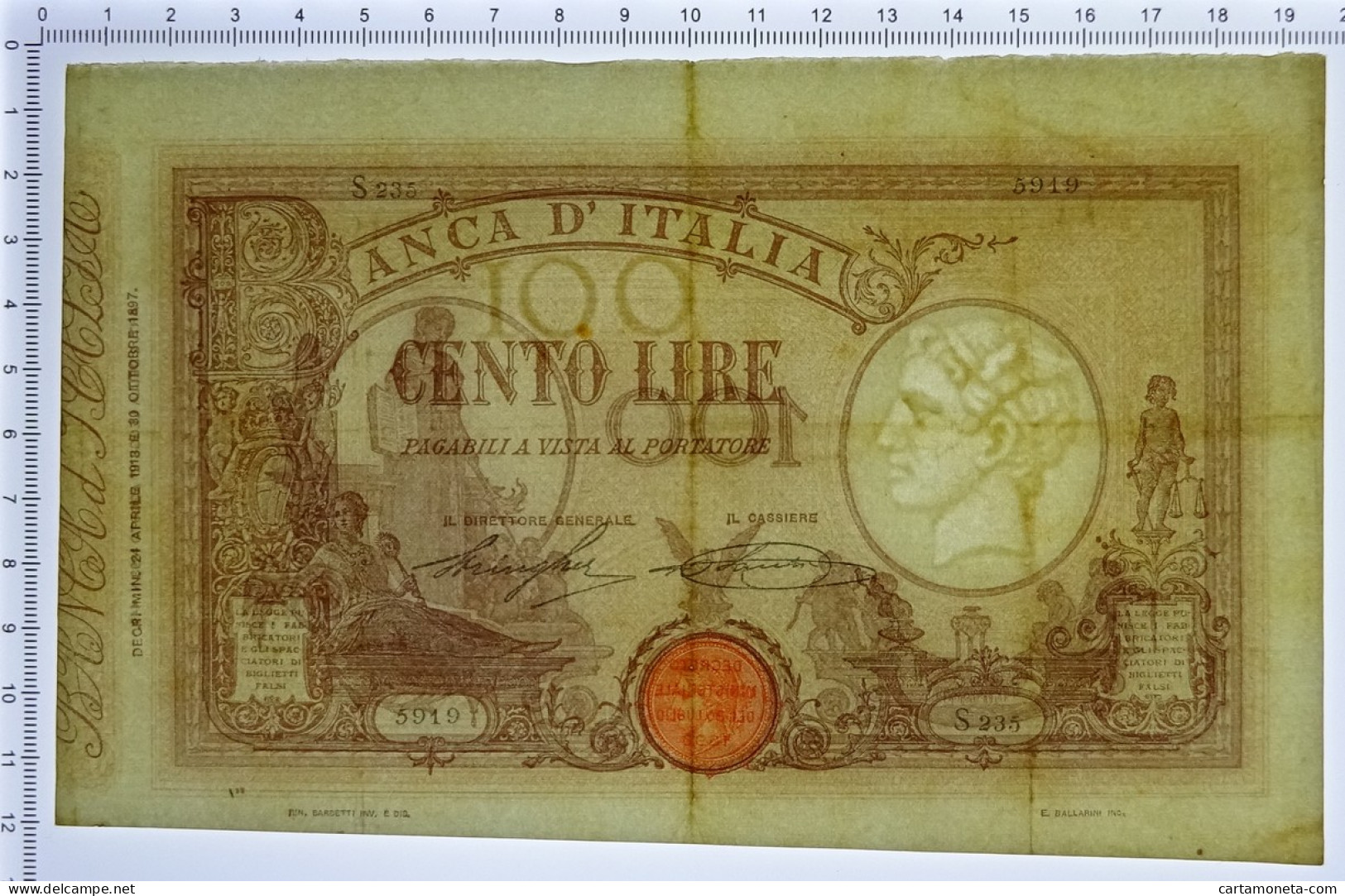 100 LIRE BARBETTI GRANDE B MATRICE LATERALE TESTINA DECRETO 24/04/1918 BB+ - Regno D'Italia – Autres