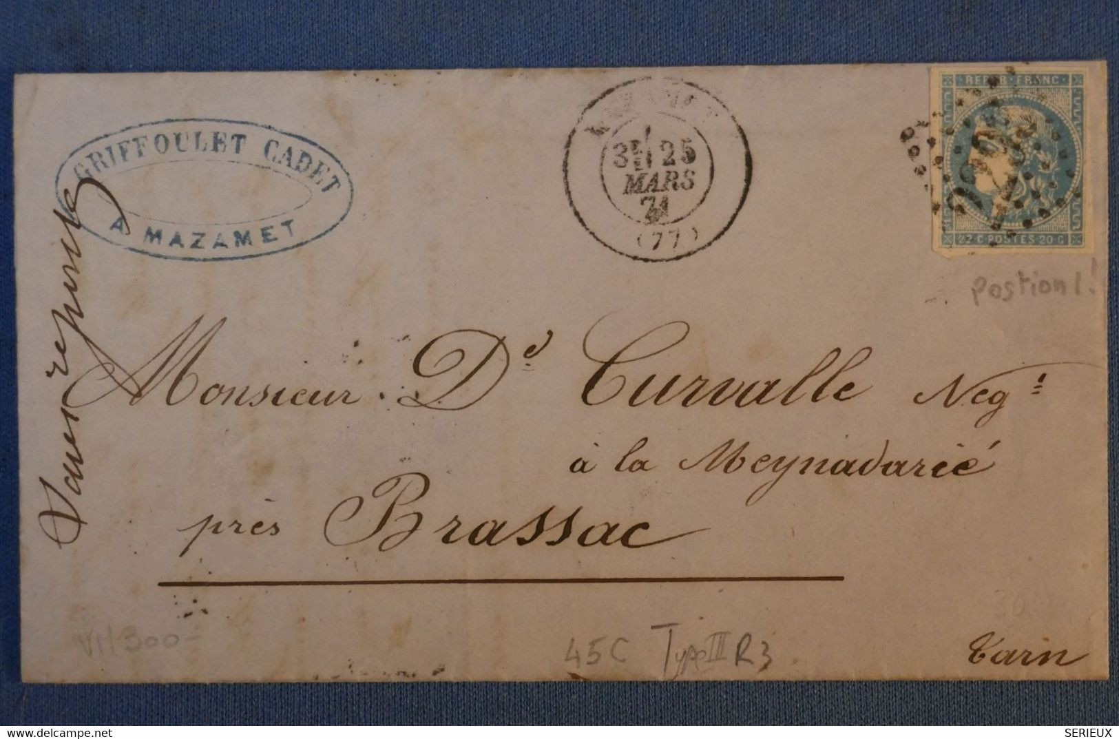 H24 FRANCE BELLE LETTRE 1871 ROCHEFORT POUR LE TARN BRASSAC + BORDEAUX N 45C + AFFRANCHISSEMENT PLAISANT - 1870 Emisión De Bordeaux