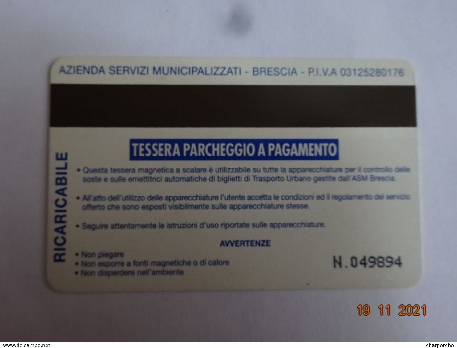 ITALIE ITALIA CARTE STATIONNEMENT BANDE MAGNÉTIQUE PARKIBG CARD BRESCIA - Collezioni