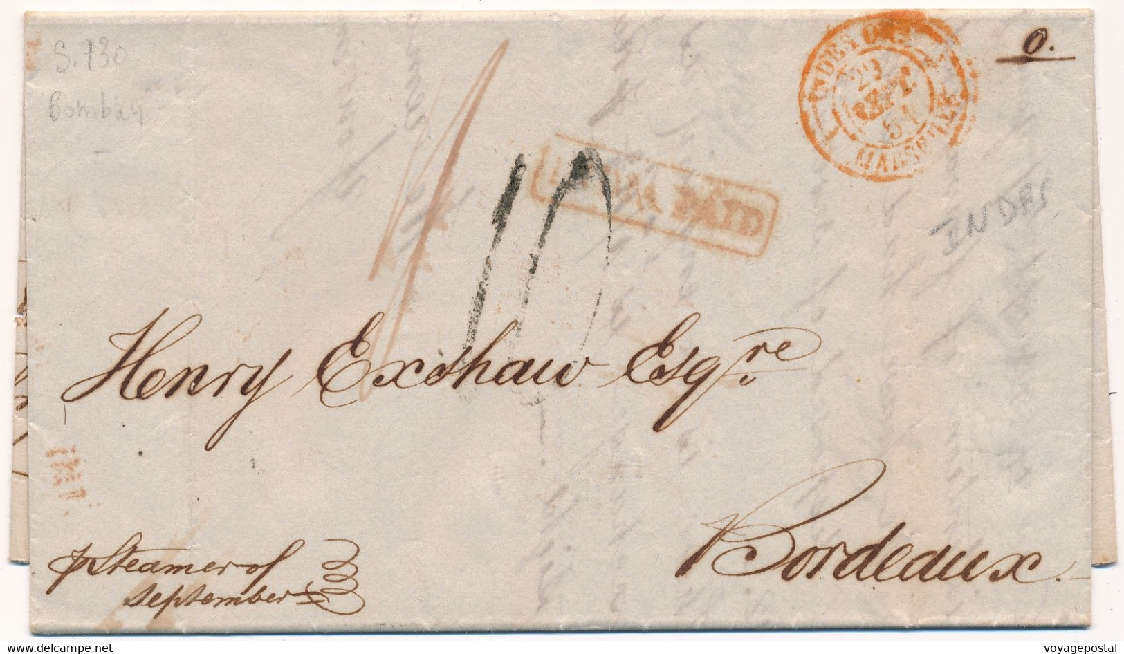 LETTRE BOMBAY INDIA PAID OUTRE MER MARSEILLE STEAMER SEPTEMBER COVER INDIA - ...-1852 Voorfilatelie