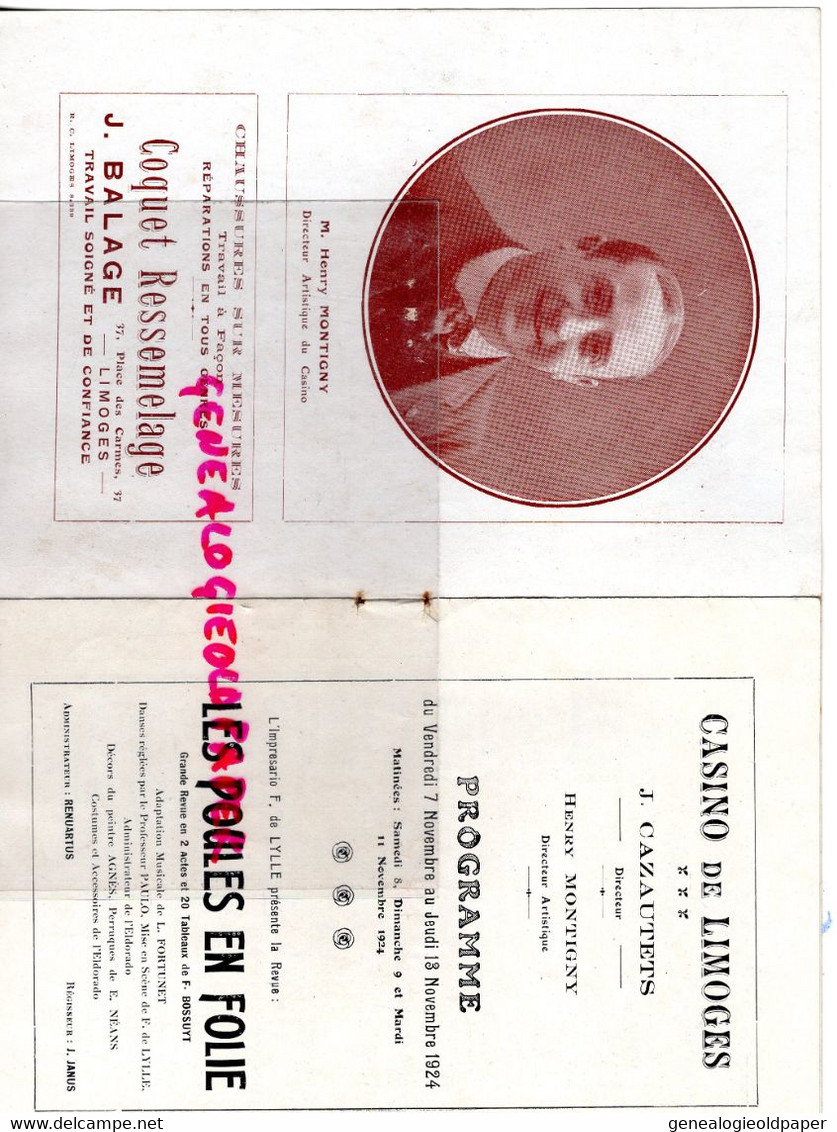 87- LIMOGES- PROGRAMME CASINO -CAZAUTETS--HENRY MONTIGNY-1924-LES POULES EN FOLIE-BIERES GRASSER-LAPLAGNE - Programme